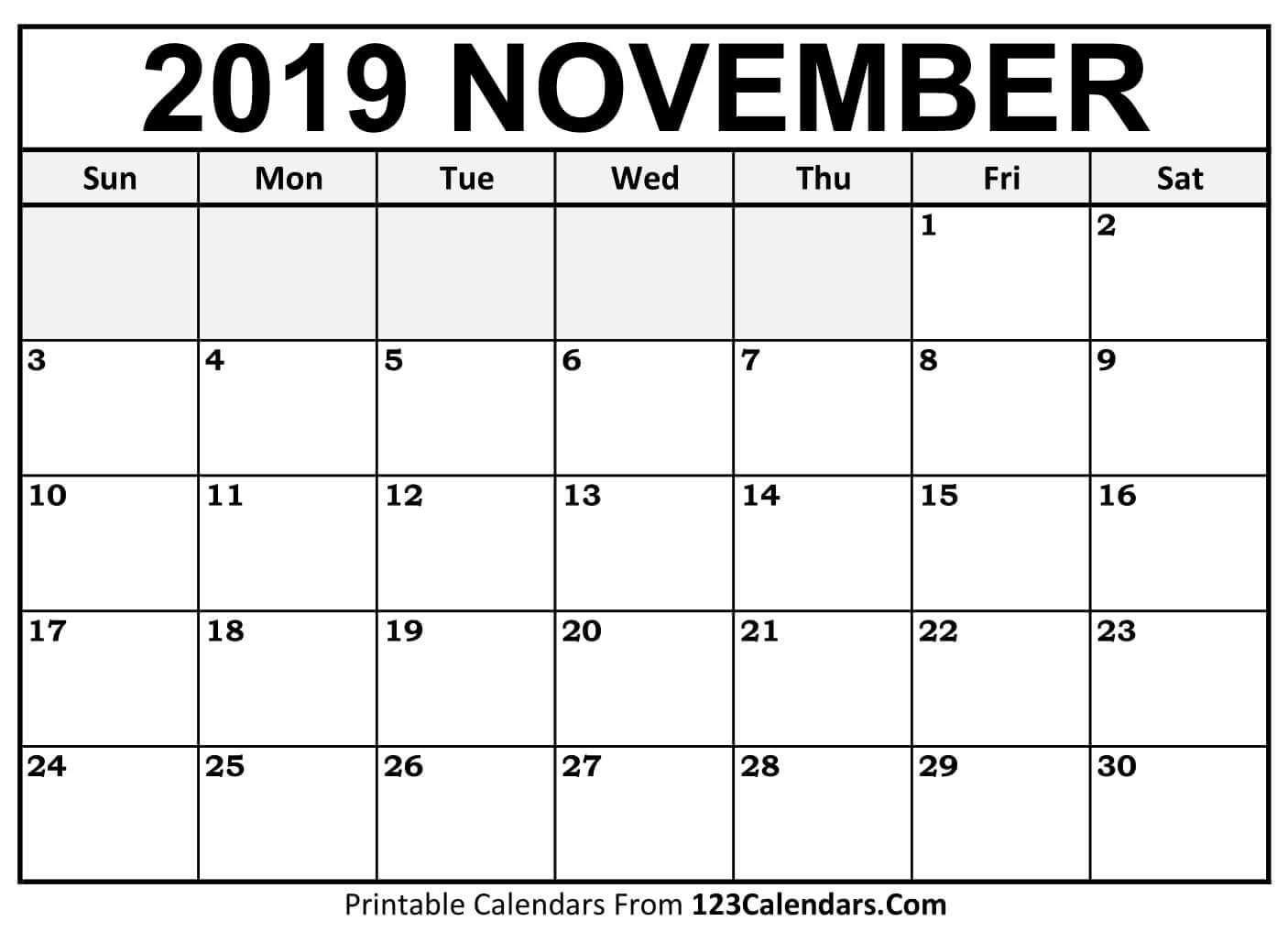 Printable November 2019 Calendar Templates 123Calendars