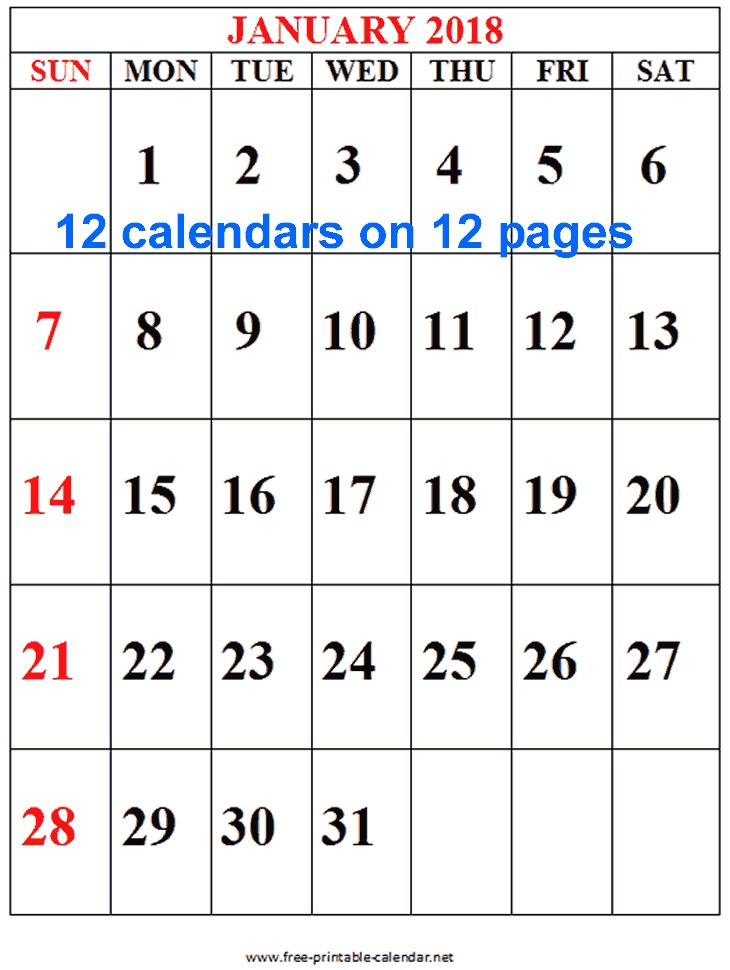 2018 Wall Calendar Download & Print Calendars from Free