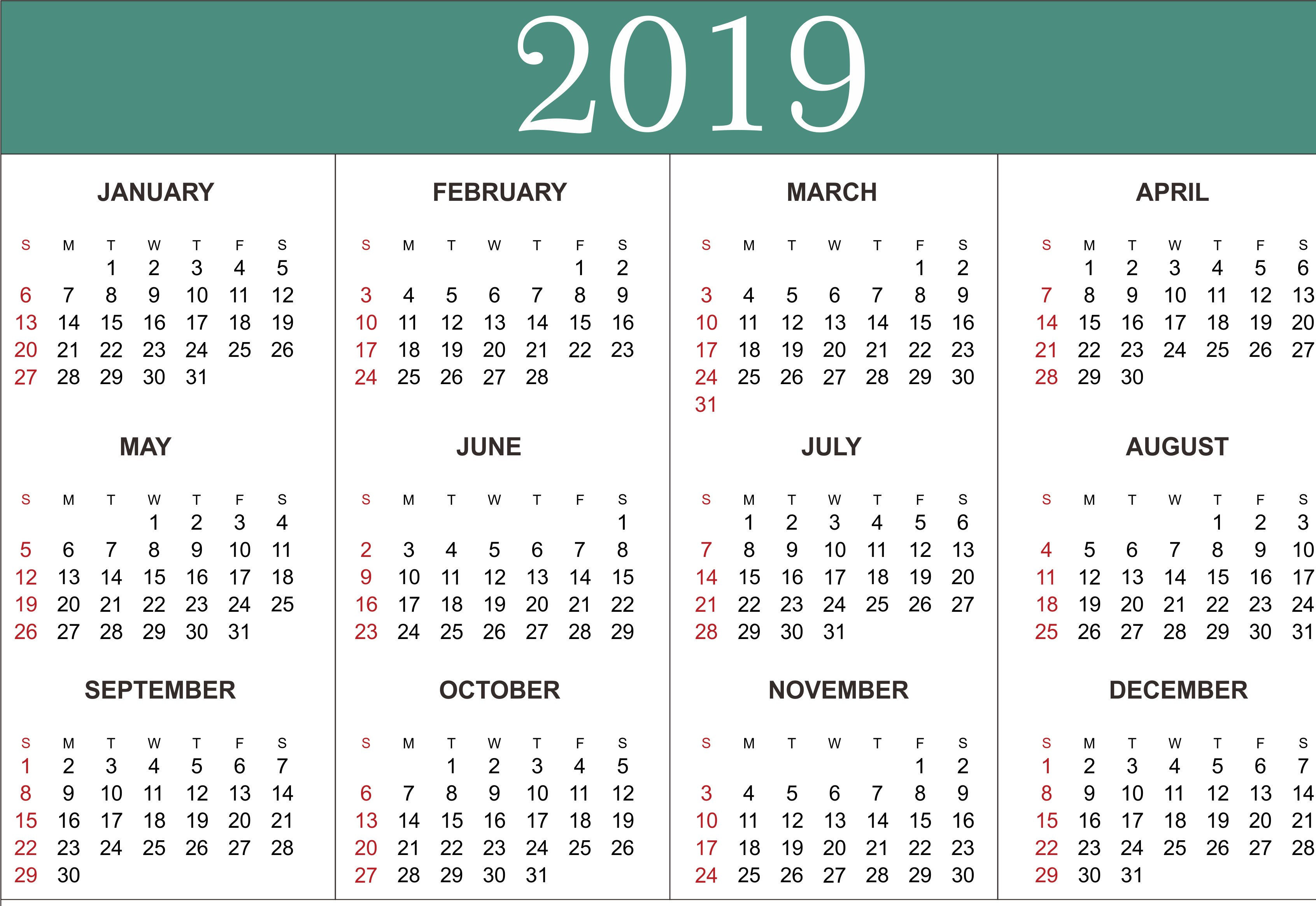 Free Yearly Calendar 2019 Printable Blank Templates