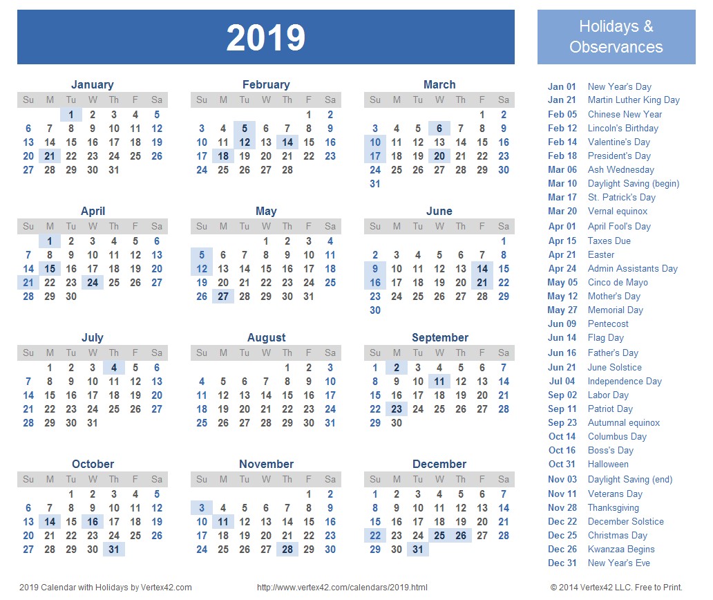 2019 Calendar Word