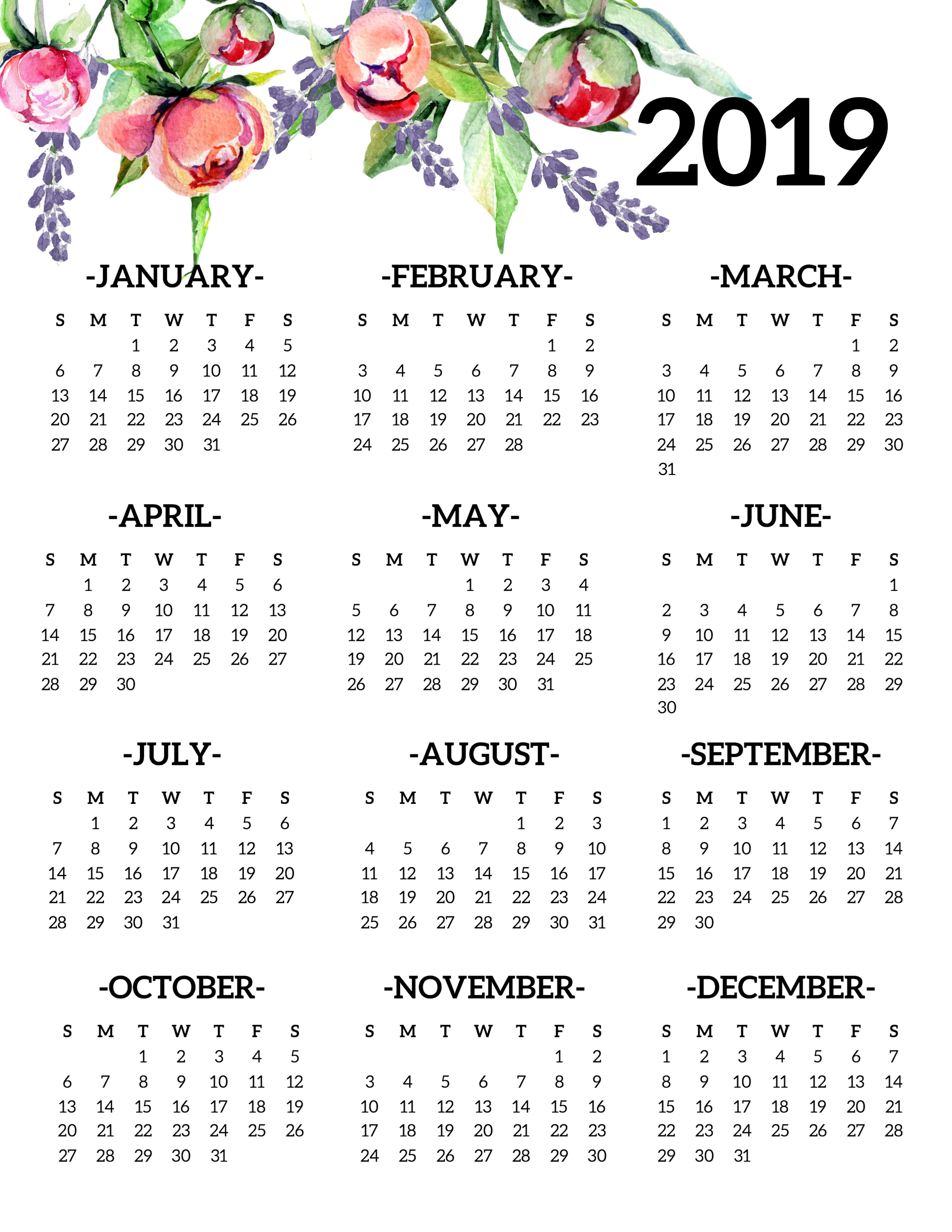 Free Printable 2019 Calendar Yearly e Page Floral