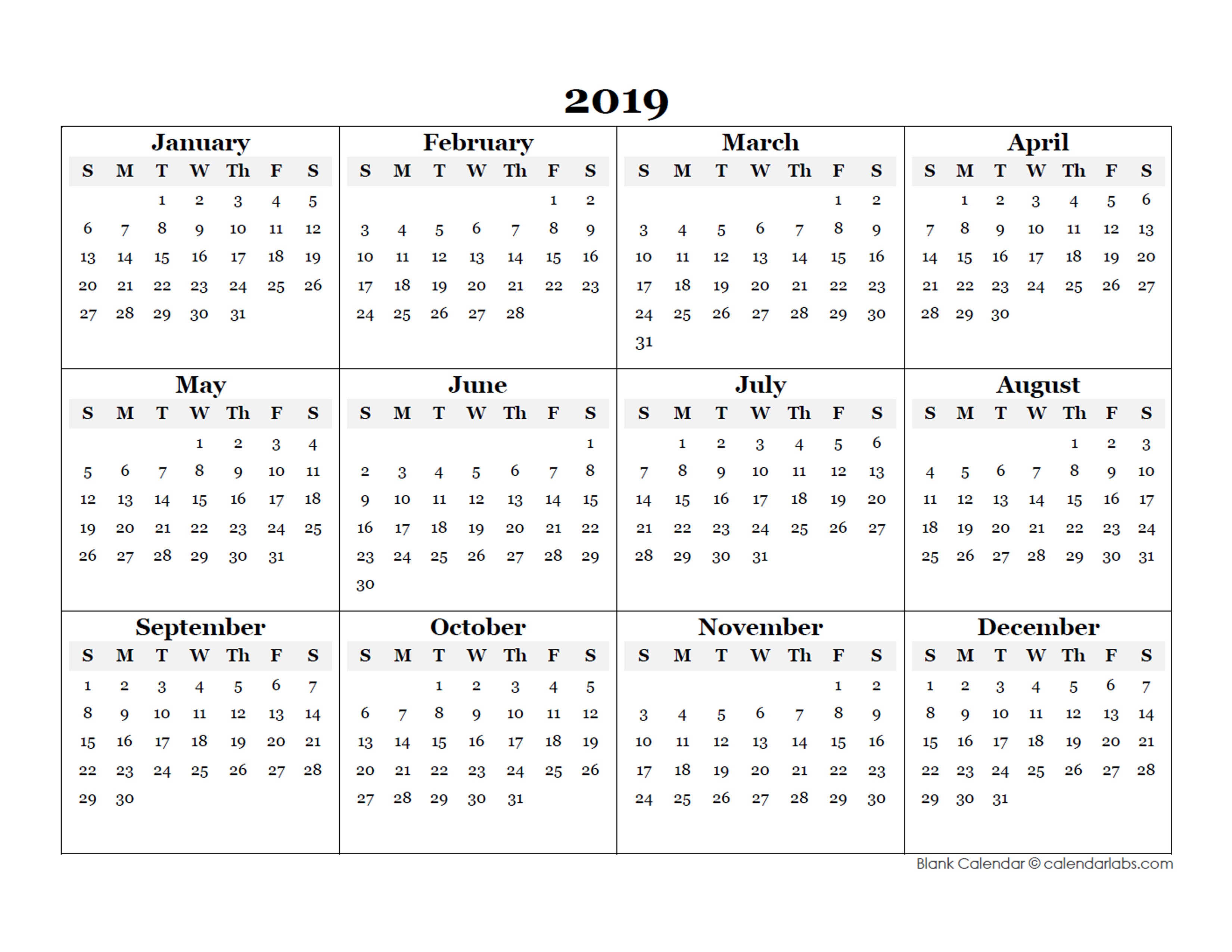 2019 Blank Yearly Calendar Template Free Printable Templates