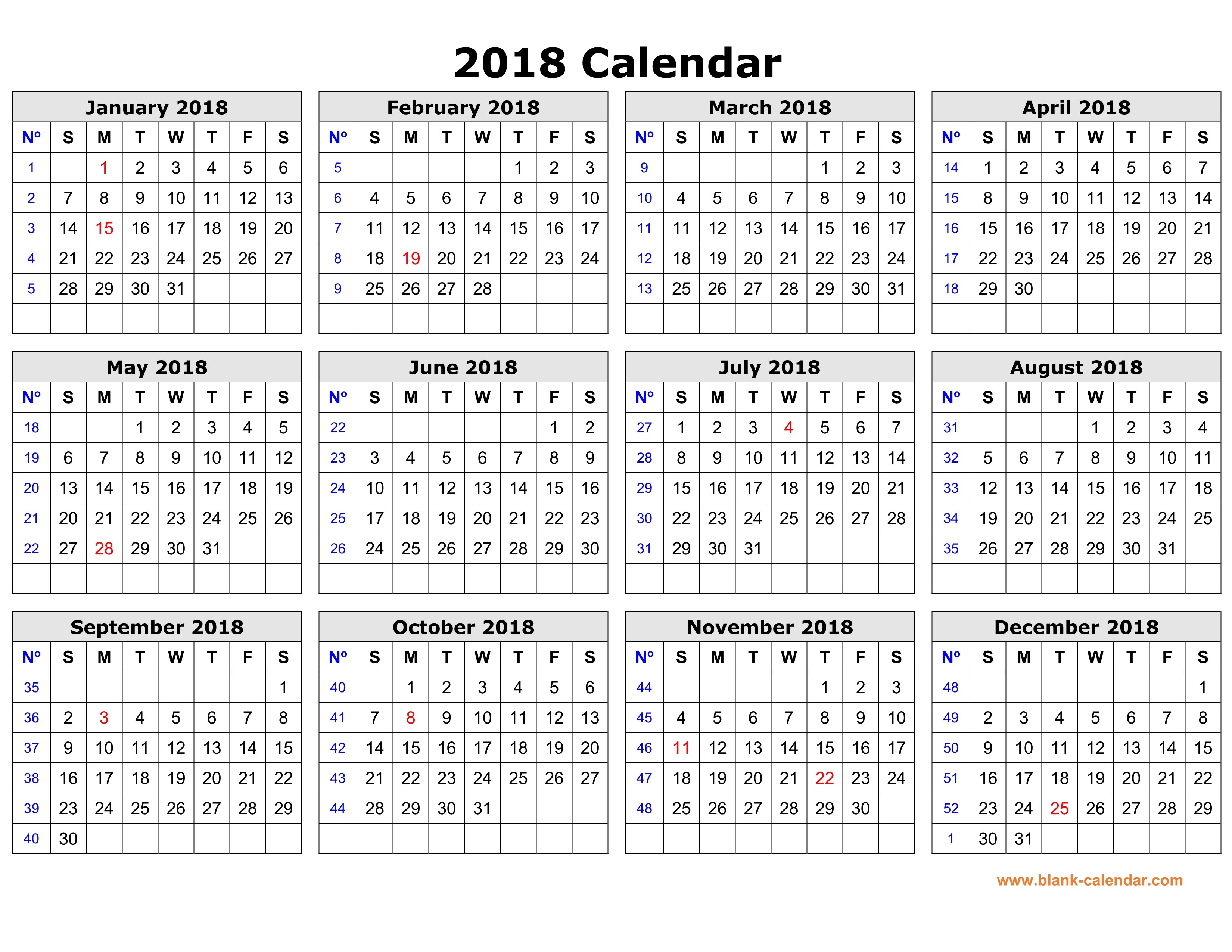 Free Download Printable Calendar 2018 in one page clean