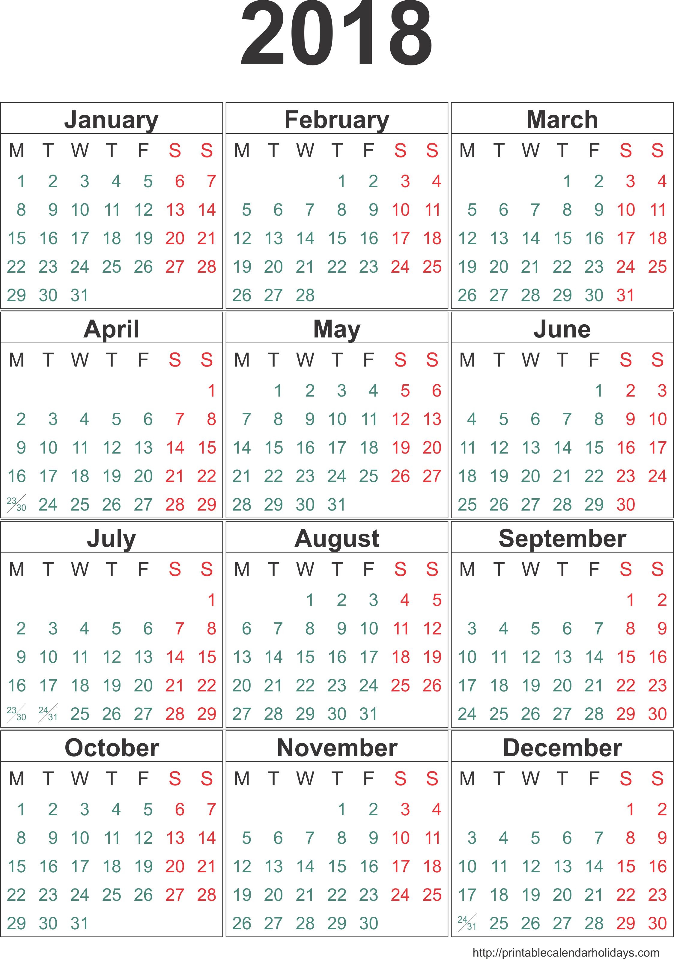 Yearly Calendar 2018