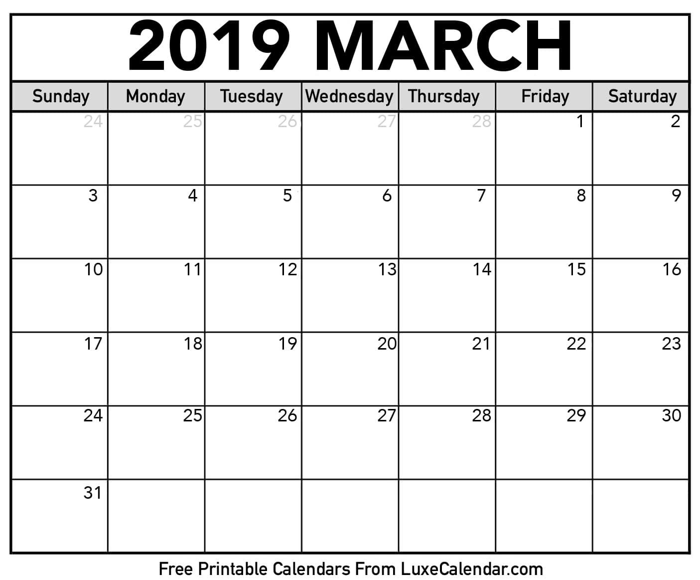 Blank March 2019 Printable Calendar Luxe Calendar