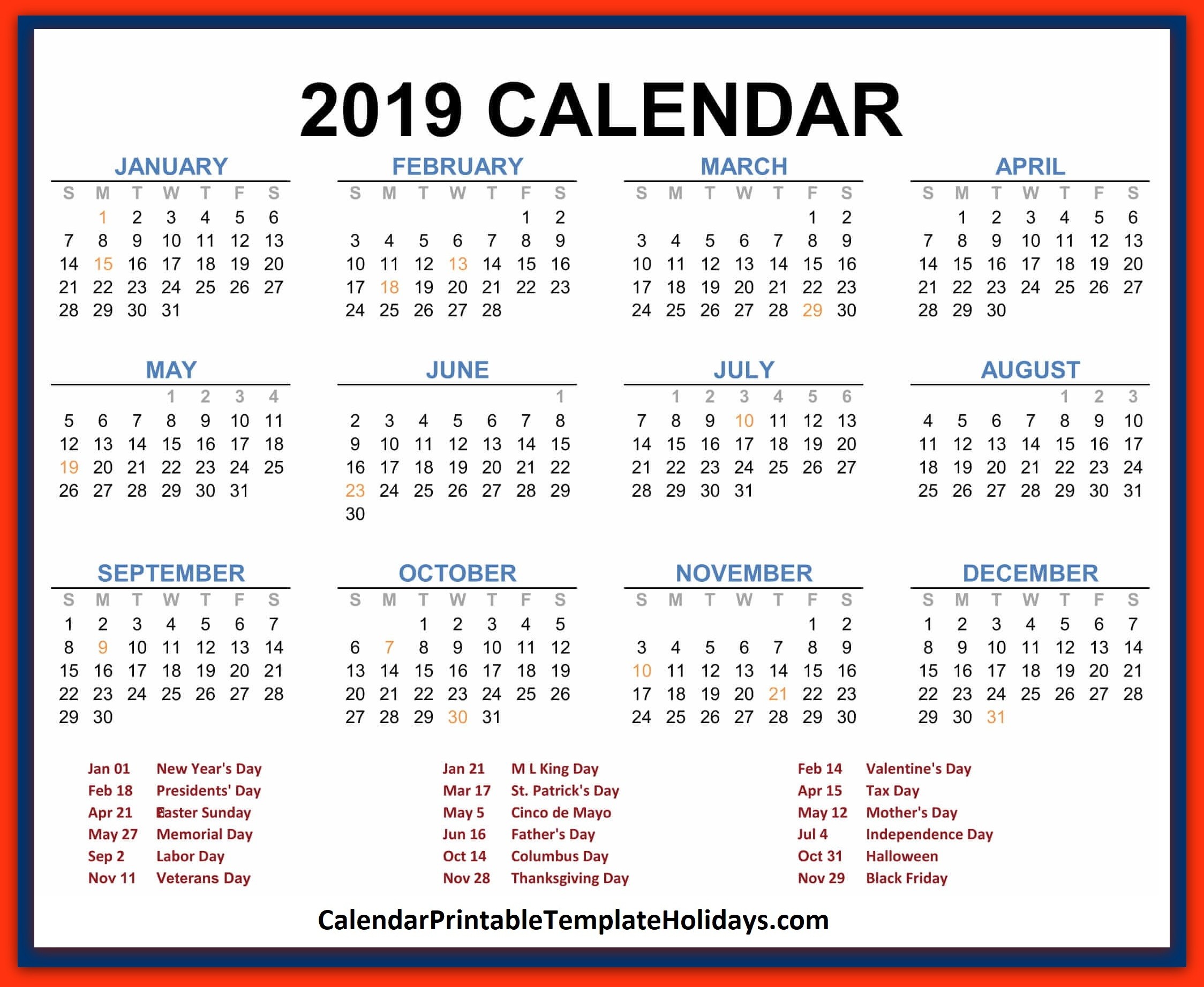 2019 Calendar Printable Template Holidays PDF Word Excel