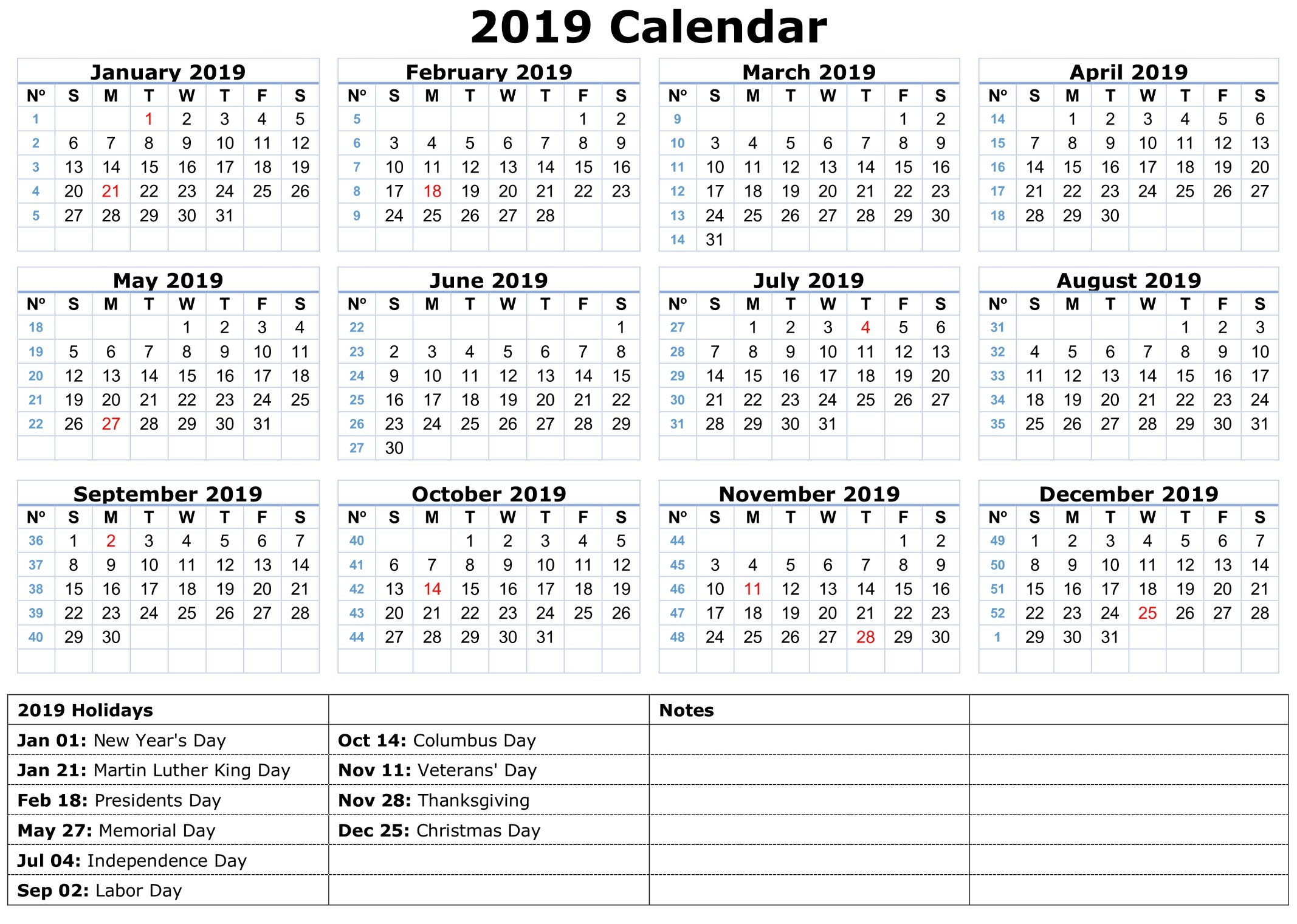 2019 Calendar AmazonAWS