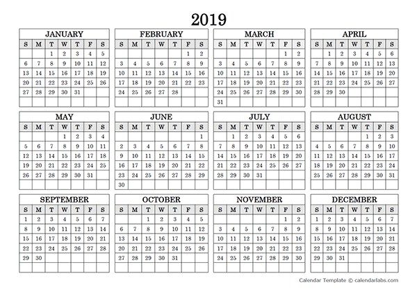 2019 Blank Yearly Calendar Landscape Free Printable