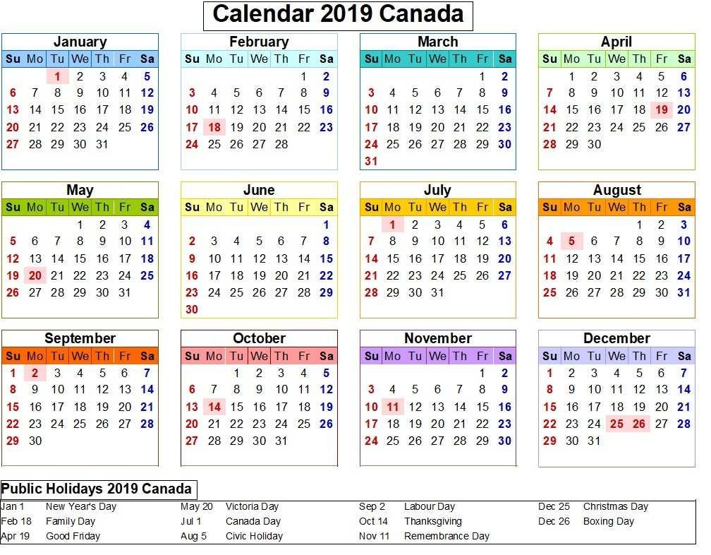 Canada 2019 Calendar with Holiday Colorful