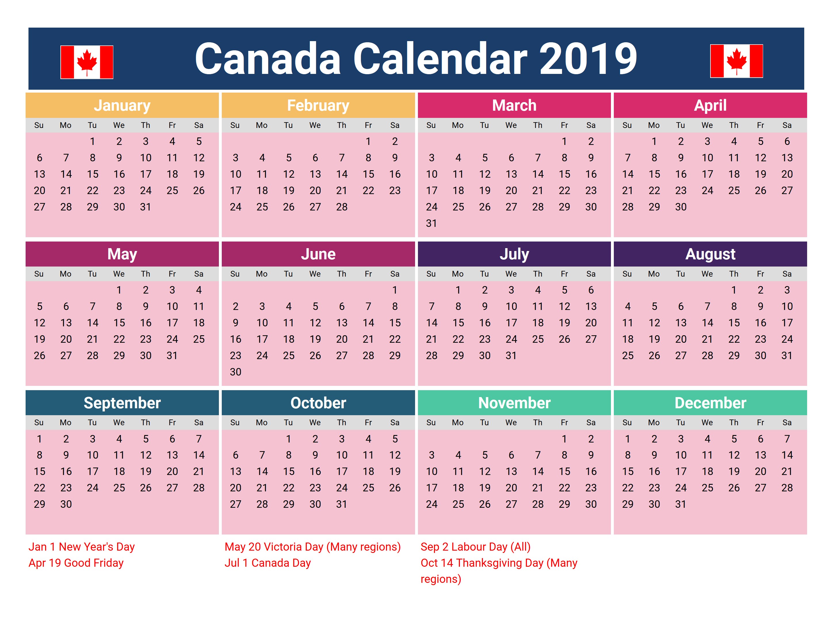 Canada 2019 Printable Calendar Download