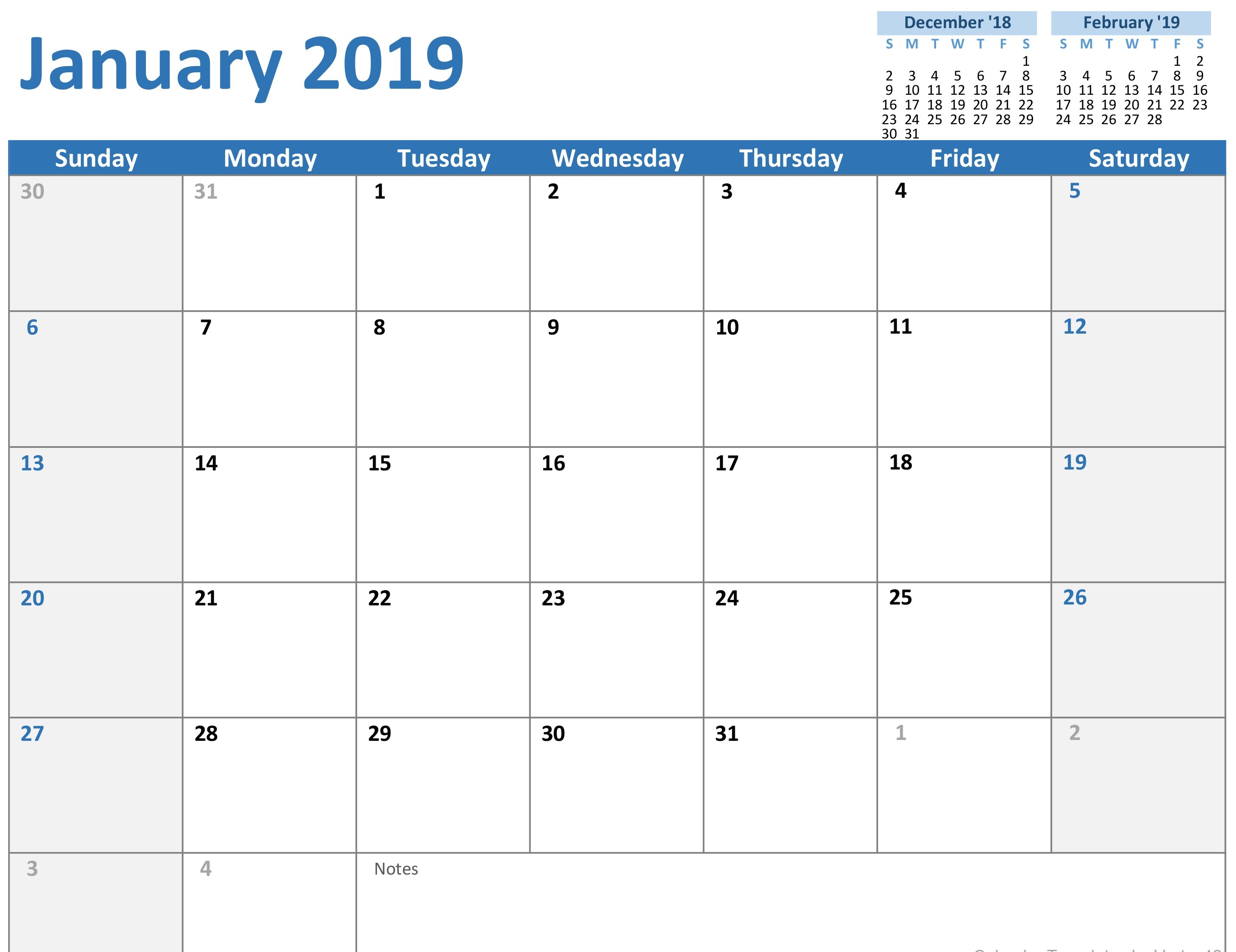 250 Free January 2019 Calendar Printable Templates