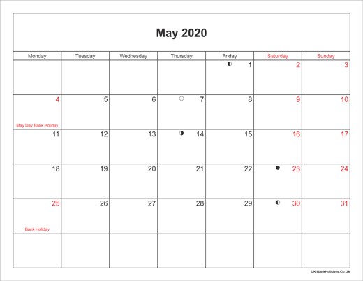 May 2020 Calendar Printable with Bank Holidays UK
