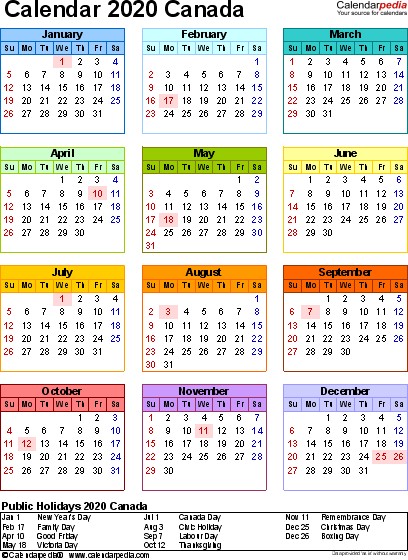 Canada Calendar 2020 free printable PDF templates