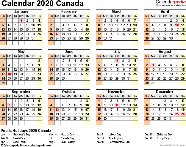 Canada Calendar 2020 Free Word Calendar Templates