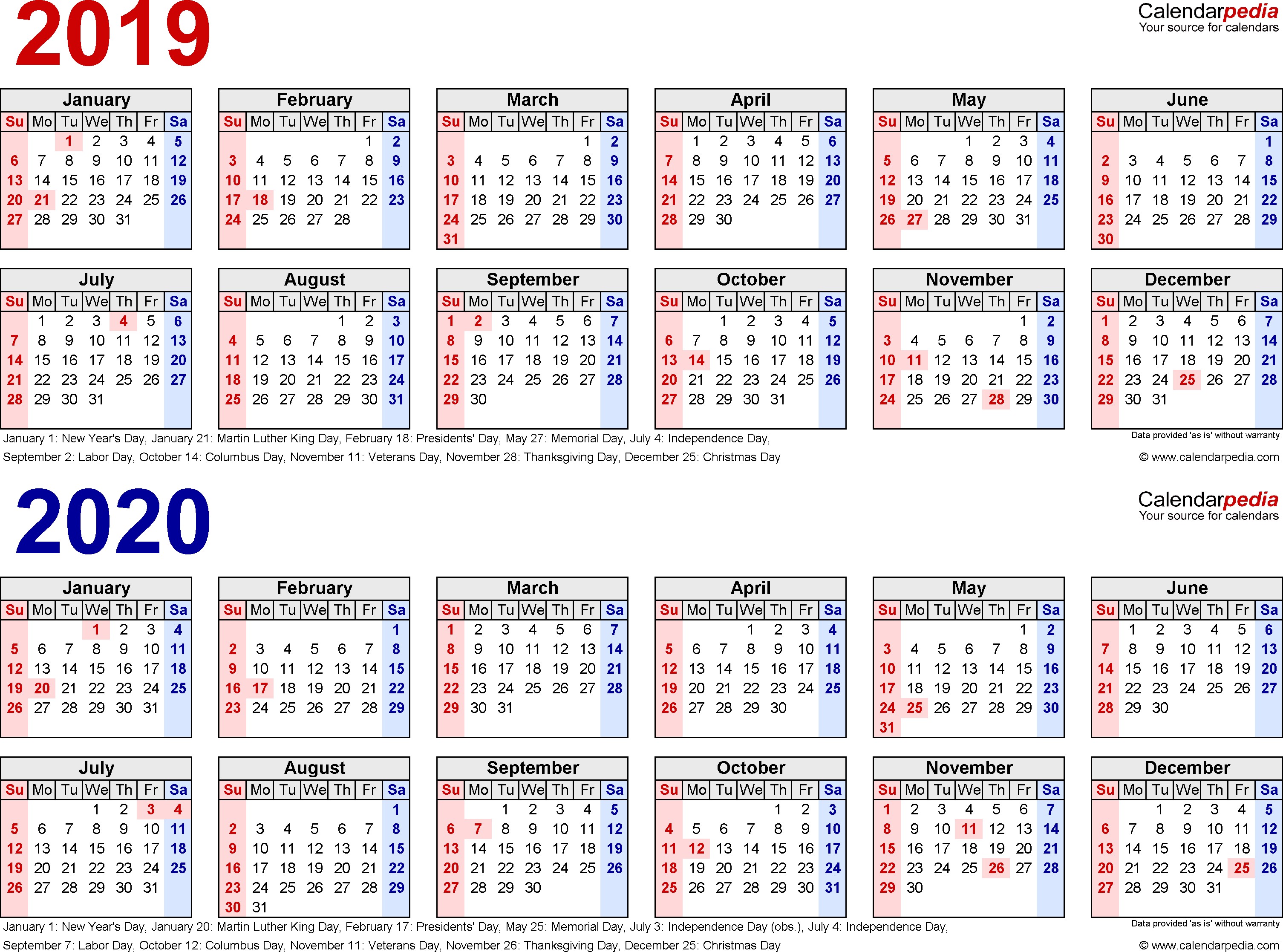 2019 2020 Calendar free printable two year PDF calendars