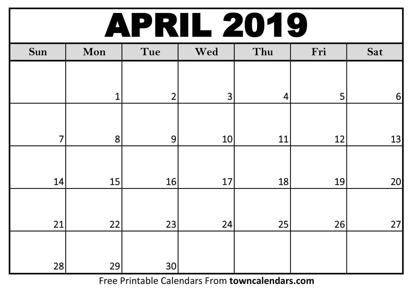 Printable April 2019 Calendar towncalendars