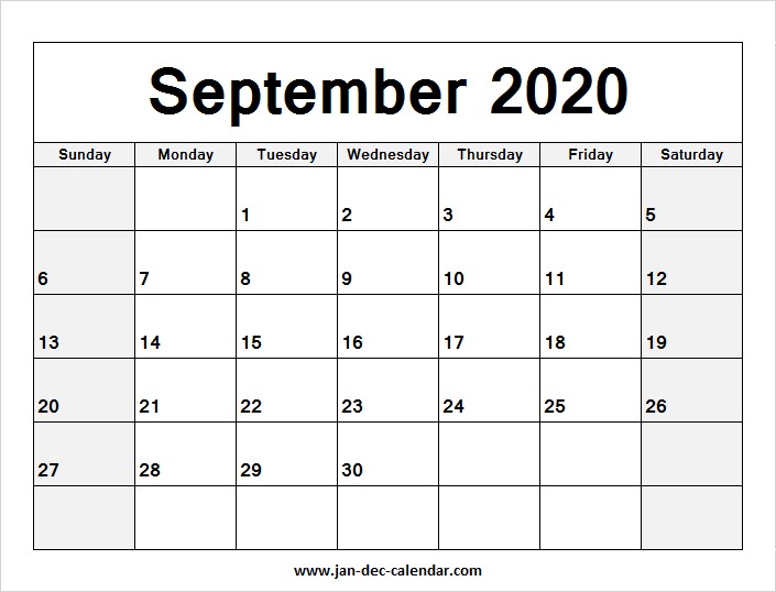 Blank Printable September Calendar 2020 Template Free