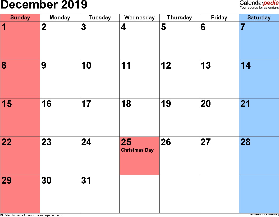 December 2019 Calendars for Word Excel & PDF