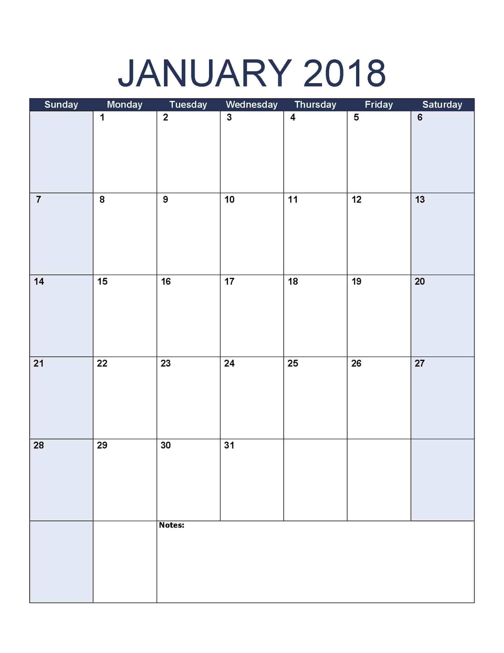 January 2018 Calendar Free Printable Calendar Templates
