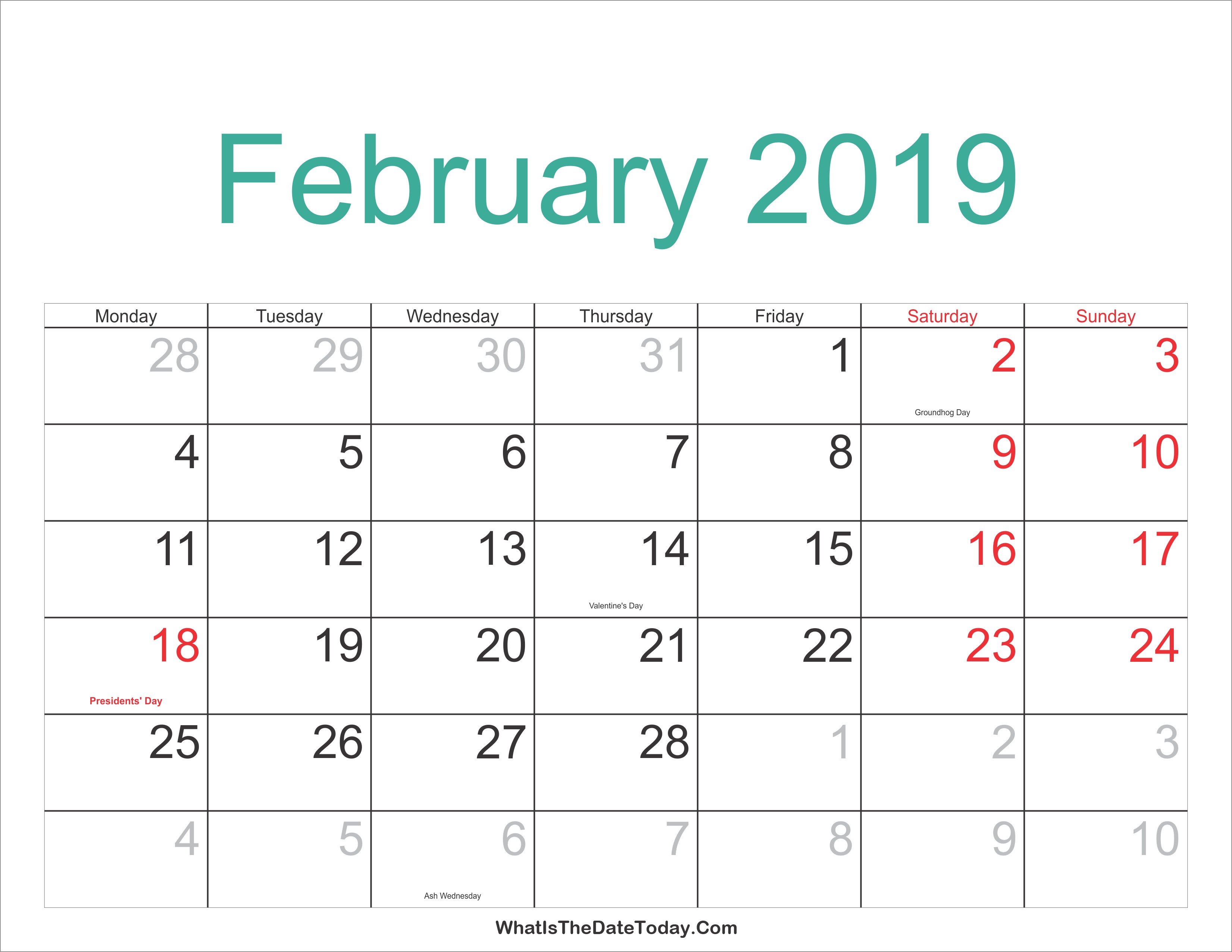 February 2019 Calendar Printable with Holidays