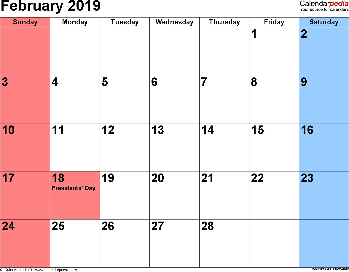 February 2019 Calendars for Word Excel & PDF