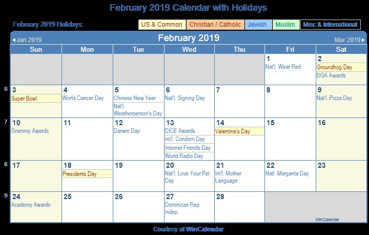 Print Friendly February 2019 US Calendar for printing