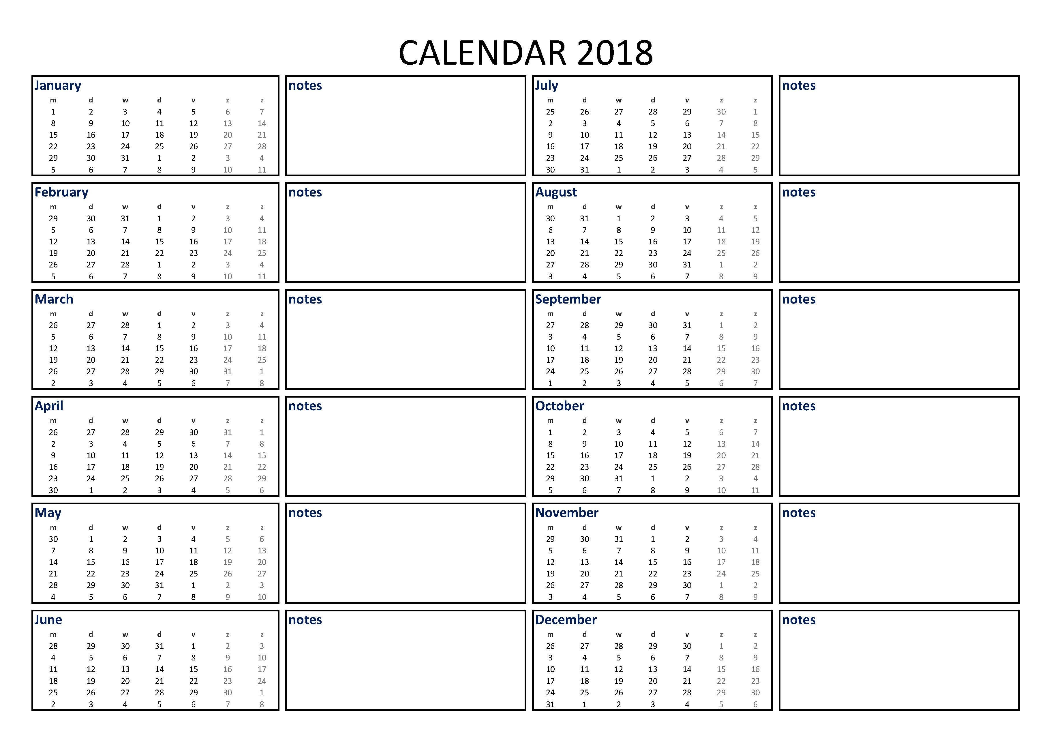 2018 Calendar Excel A3 with Notes Download our free