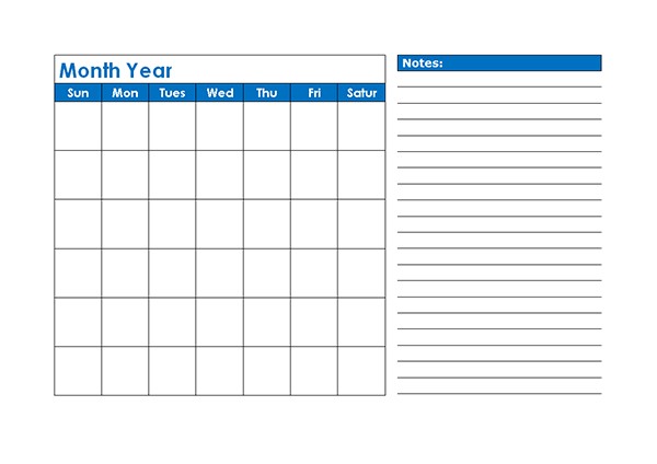 Monthly Blank Calendar in Blue Shade Free Printable