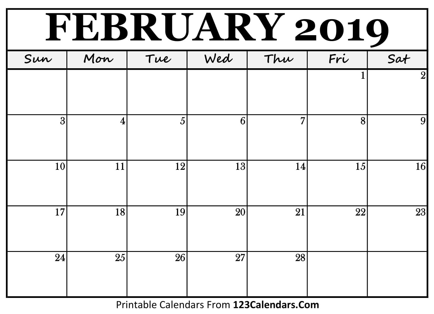 Printable February 2019 Calendar Templates 123Calendars