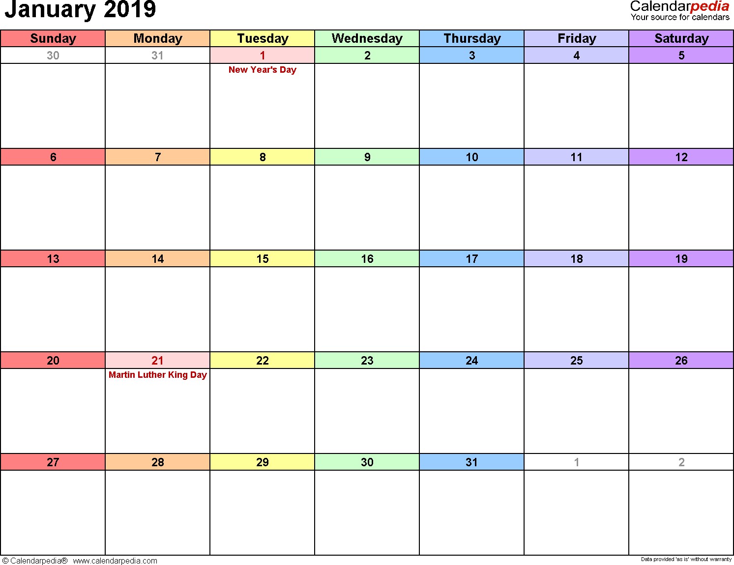 January 2019 Calendars for Word Excel & PDF