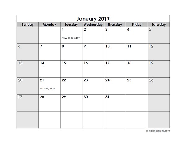 2019 Monthly Calendar with US Holidays Free Printable