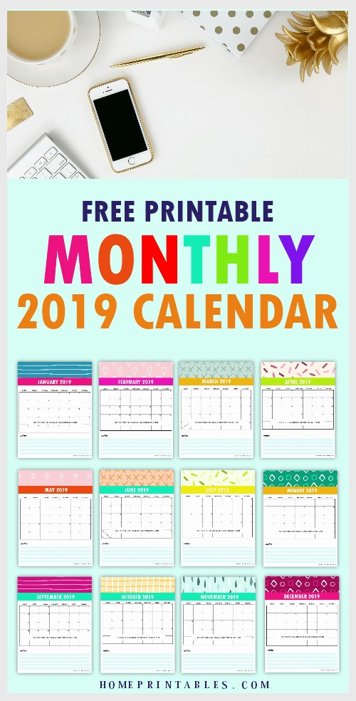 Free 2019 Monthly Calendar Printable Cute and Colorful