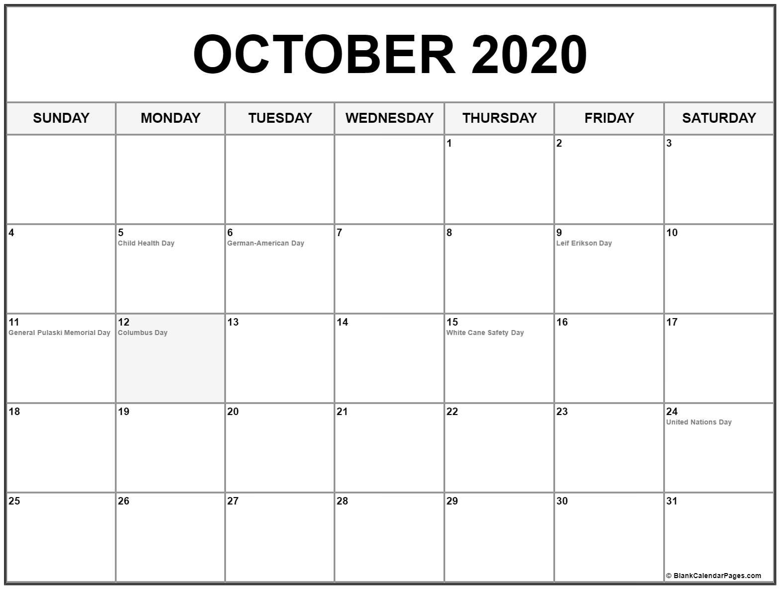 Collection of October 2020 calendars with holidays