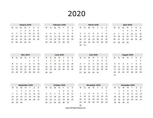 2020 Calendar Free Printable AllFreePrintable