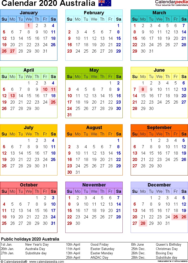 Australia Calendar 2020 free printable PDF templates