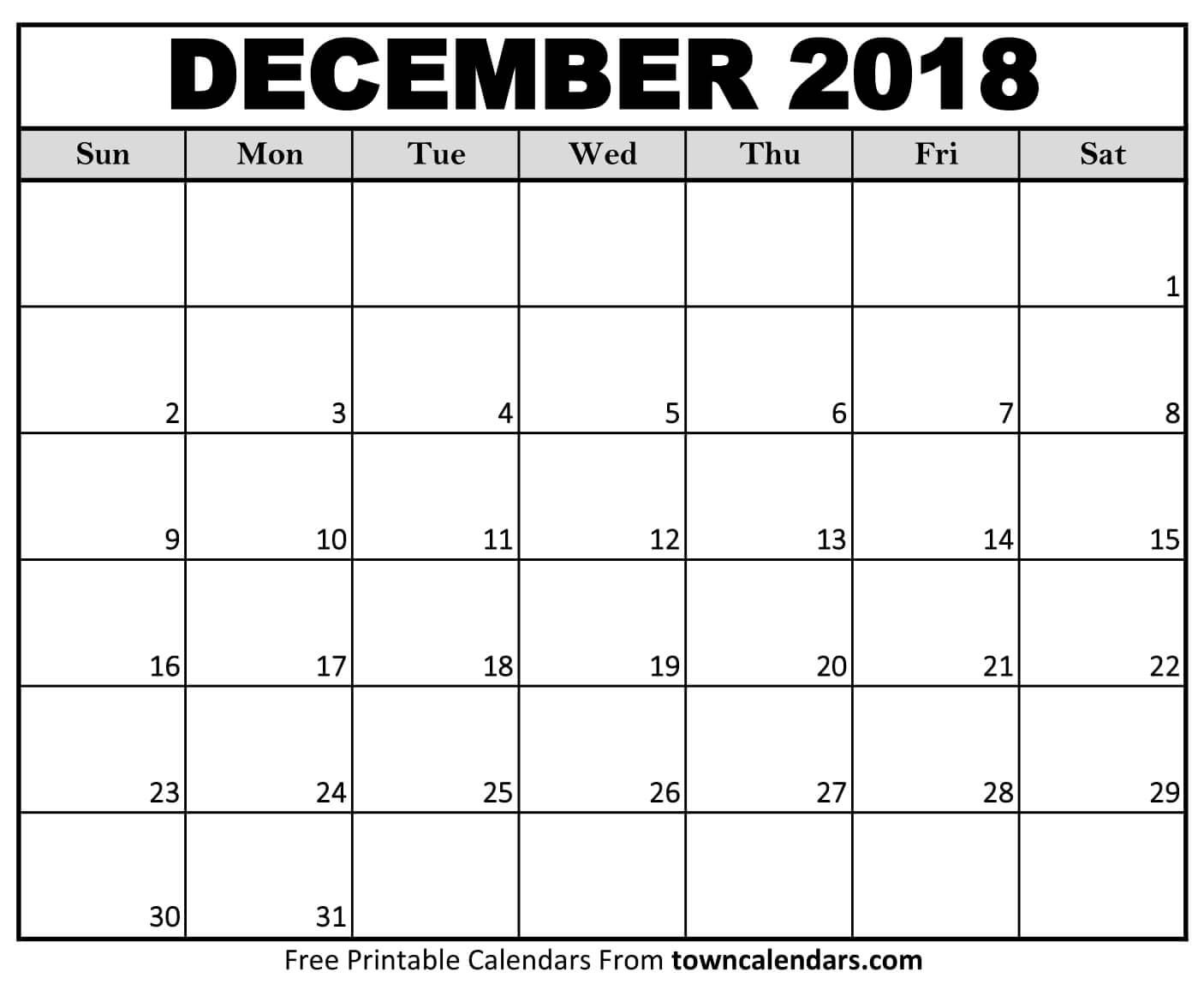 Printable December 2018 Calendar towncalendars