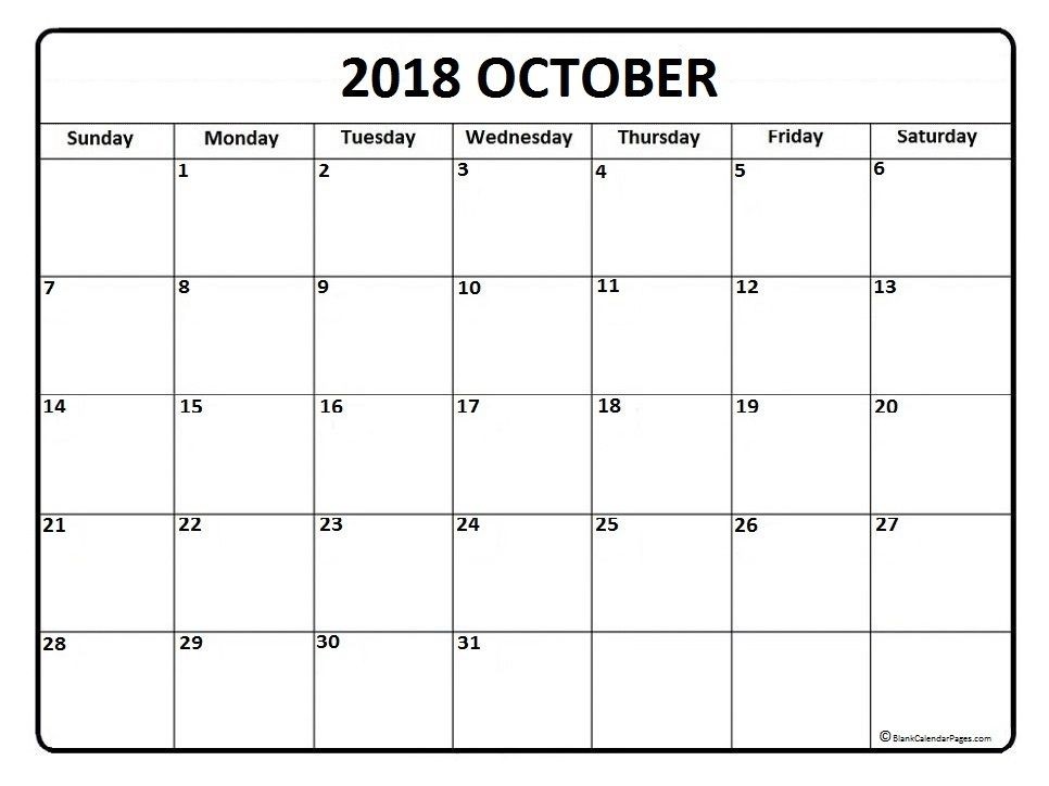 October2018 calendar printable October calendar 2018
