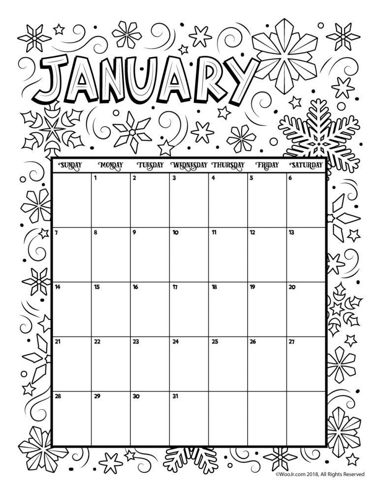 Printable Coloring Calendar for 2019 and 2018