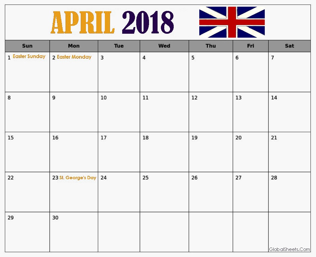 April 2018 UK Calendar With Holidays