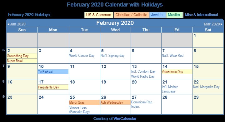 Print Friendly February 2020 US Calendar for printing