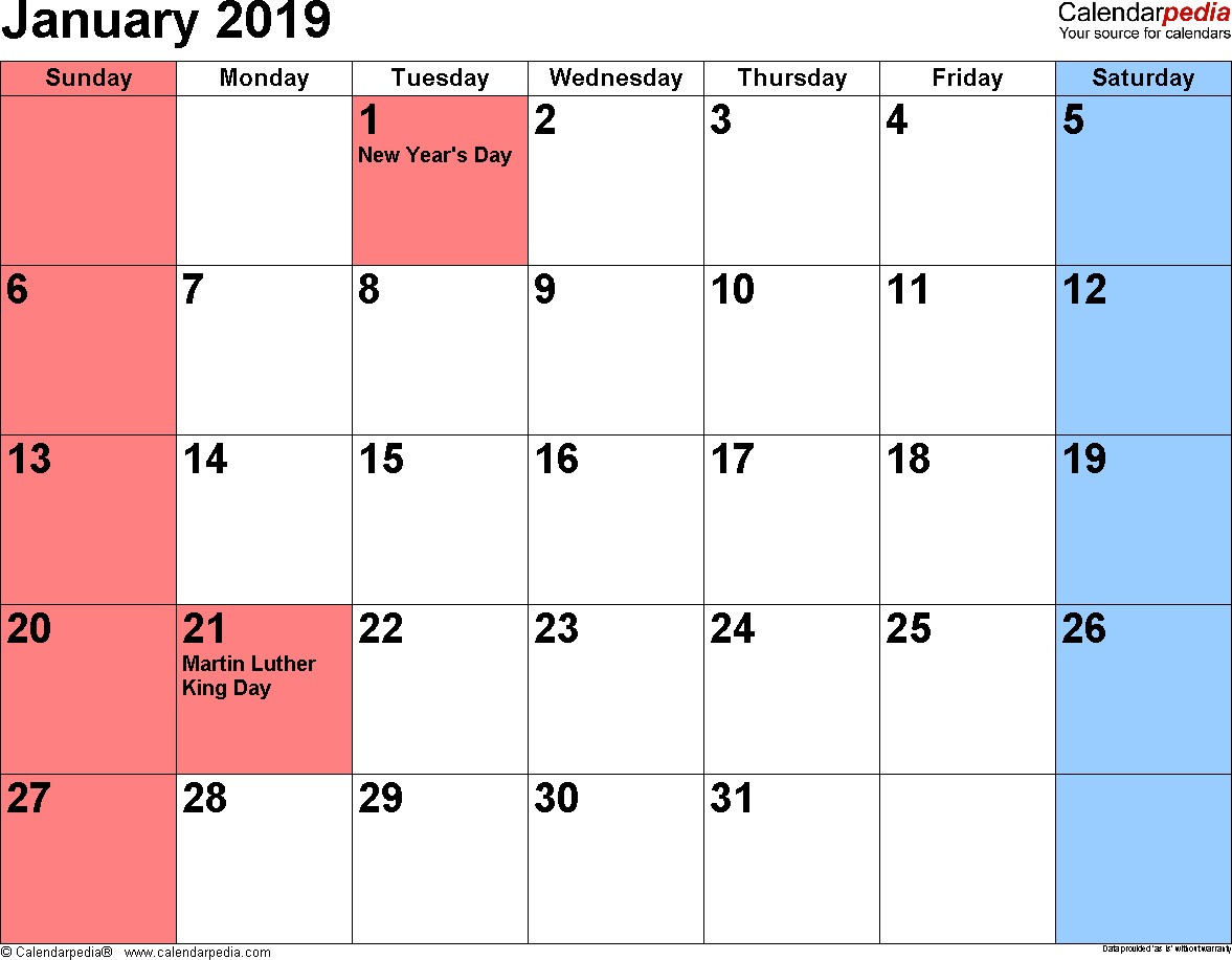 January 2019 Calendars for Word Excel & PDF