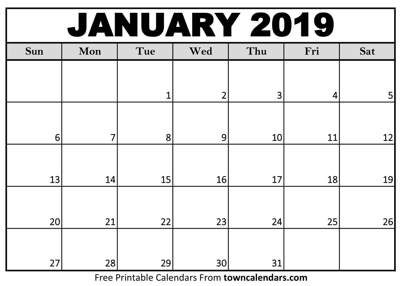 Printable January 2019 Calendar towncalendars