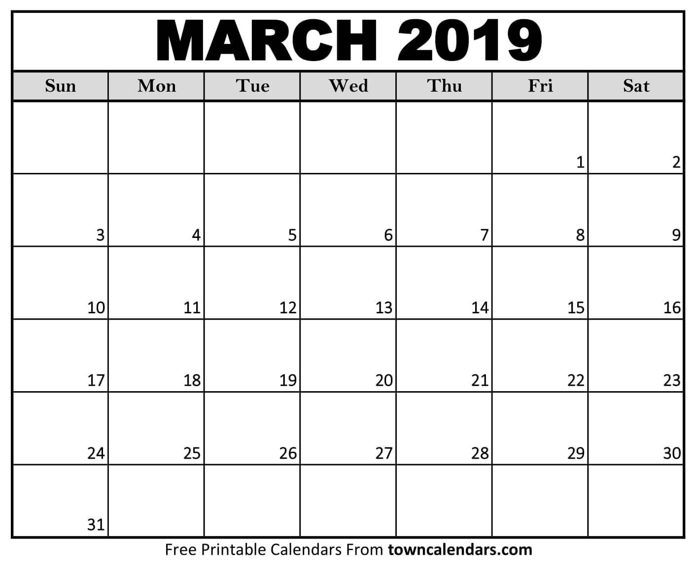 Printable March 2019 Calendar towncalendars
