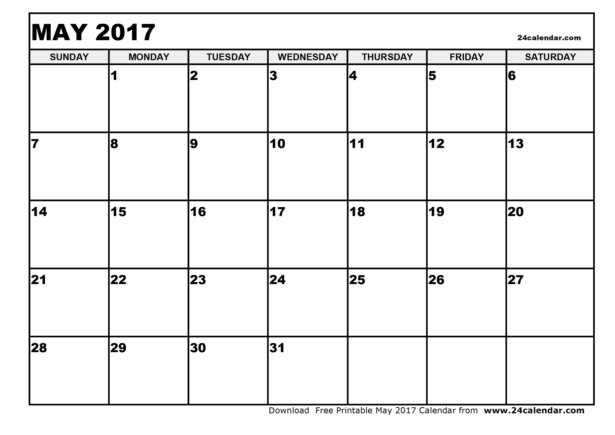 Blank May 2017 Calendar in Printable format