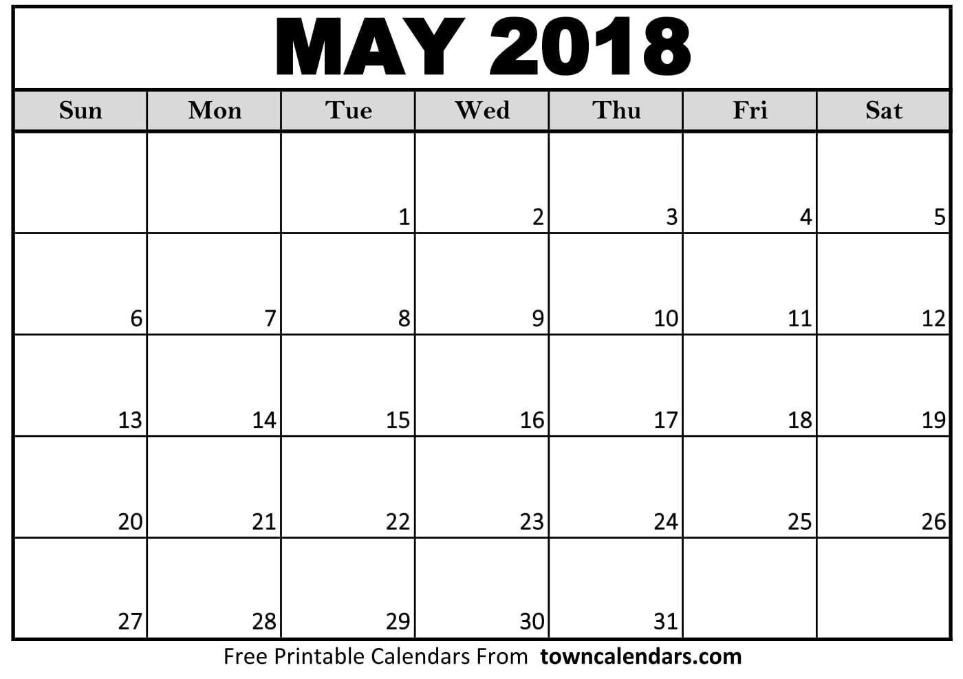 Printable May 2018 Calendar towncalendars