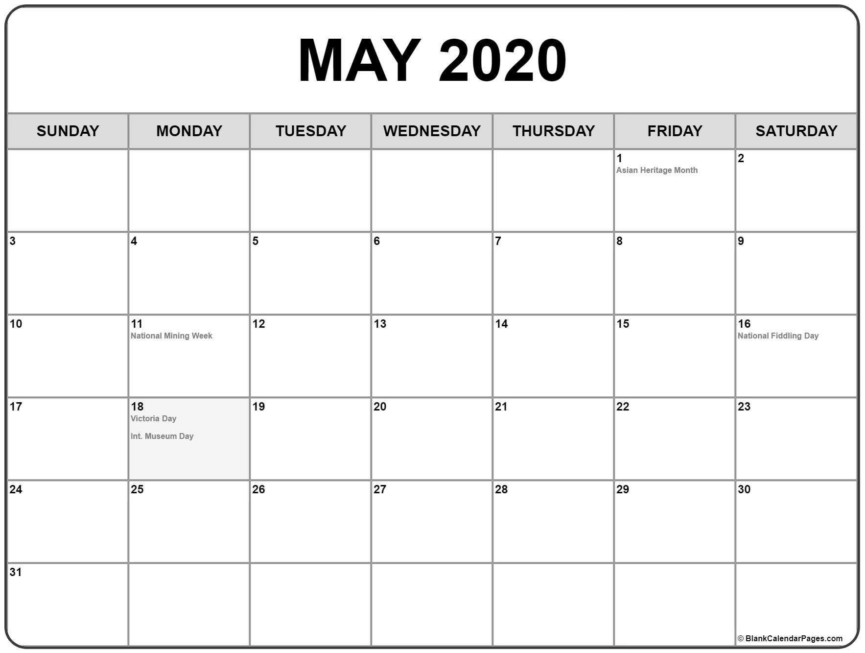 Collection of May 2020 calendars with holidays
