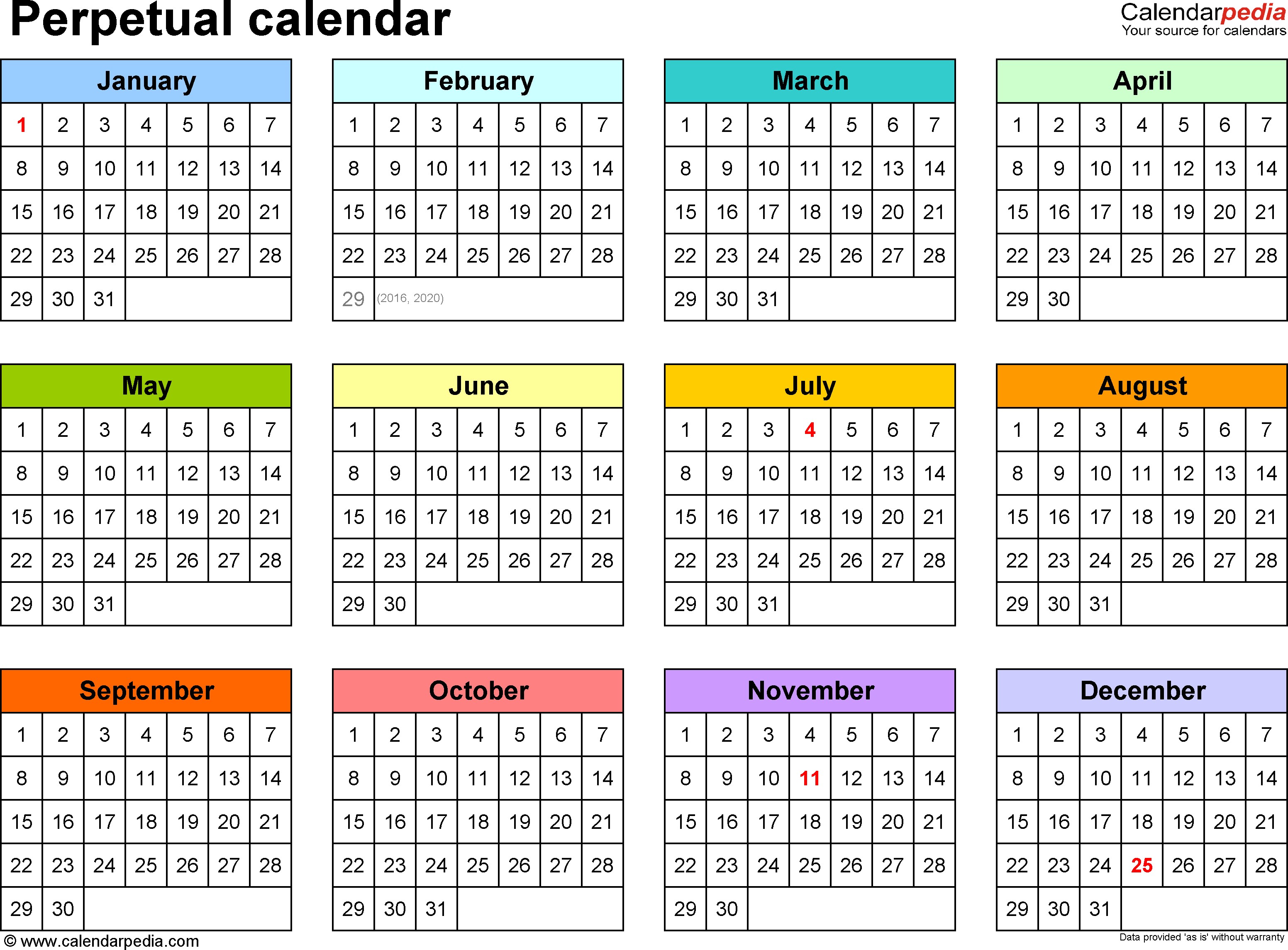 Perpetual calendars 7 free printable Excel templates