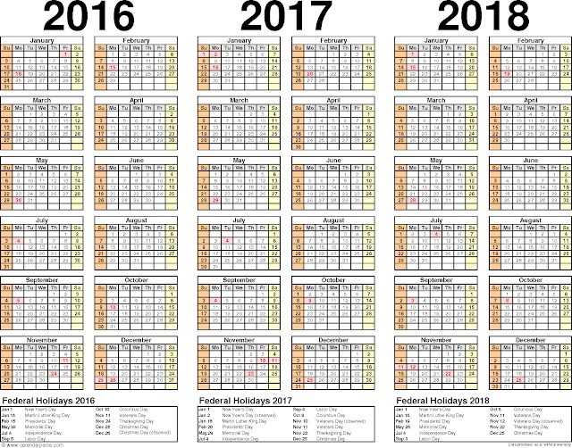 2016 2017 2018 Calendar 3 Year Printable