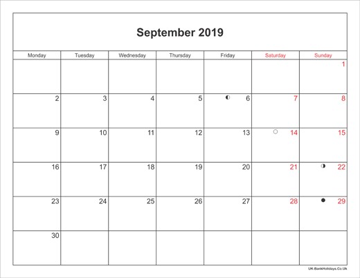 September 2019 Calendar Printable with Bank Holidays UK