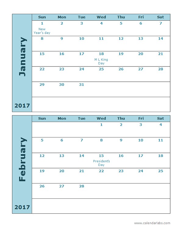 2017 Calendar Template 2 Months Per Page Free Printable